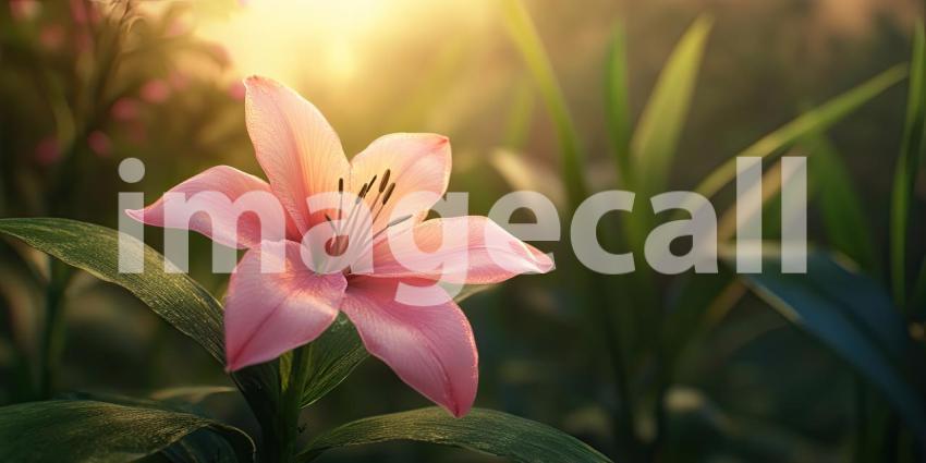A vibrant pink flower bathed in the warm glow of the setting sun, its delicate petals capturing the light and creating a sense of serenity