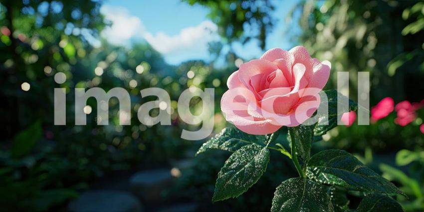 A single, vibrant red rose blooms near a tranquil stream, its reflection shimmering on the water's surface in the soft morning light.