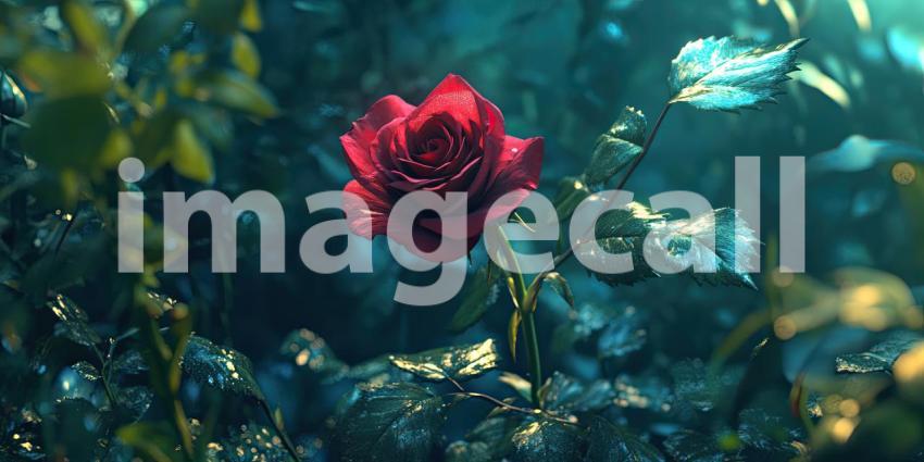A single, vibrant red rose blooms near a tranquil stream, its reflection shimmering on the water's surface in the soft morning light.