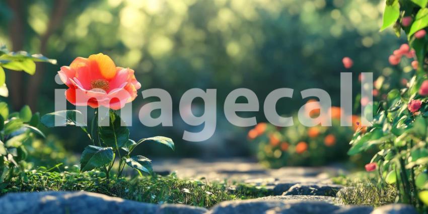A single, vibrant red rose blooms near a tranquil stream, its reflection shimmering on the water's surface in the soft morning light.