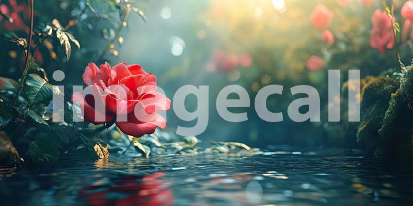 A single, vibrant red rose blooms near a tranquil stream, its reflection shimmering on the water's surface in the soft morning light.