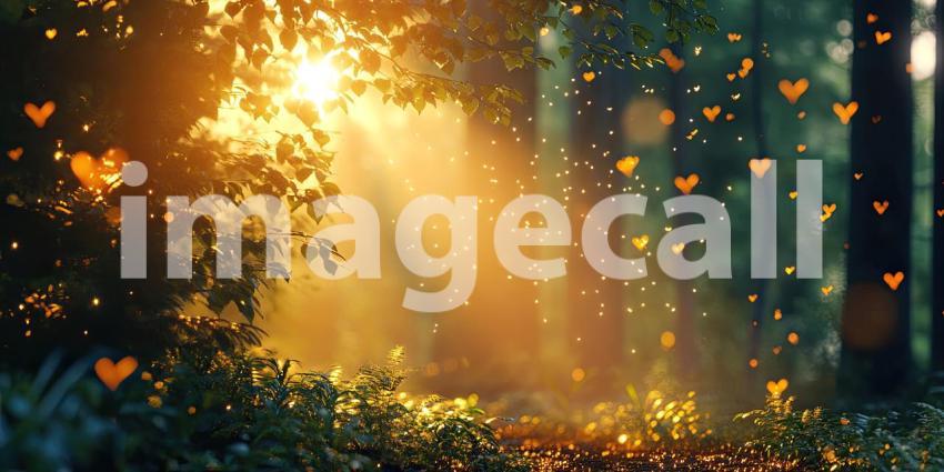 Golden rays of sunlight filter through the trees and illuminate a tranquil pond, where fallen leaves gently drift on the water's surface