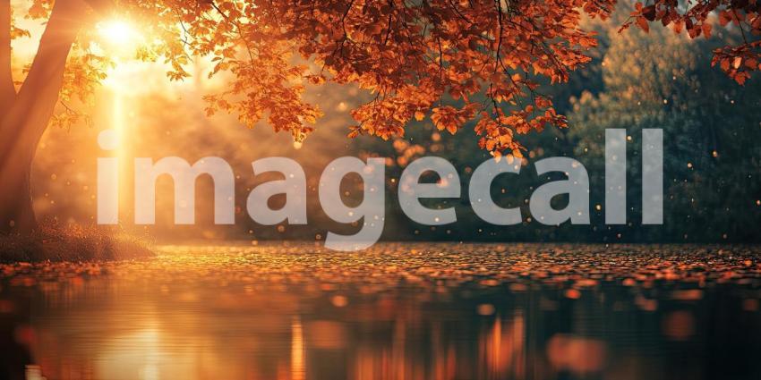 Golden rays of sunlight filter through the trees and illuminate a tranquil pond, where fallen leaves gently drift on the water's surface