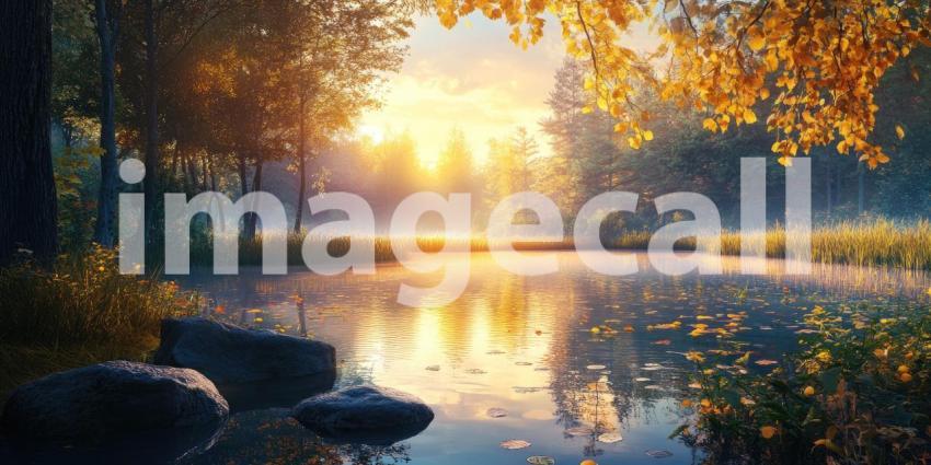 Golden rays of sunlight filter through the trees and illuminate a tranquil pond, where fallen leaves gently drift on the water's surface