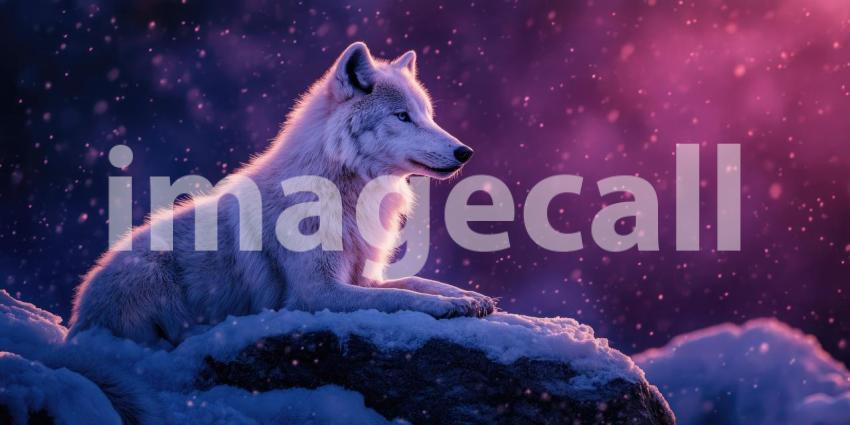 A majestic Arctic wolf, its pristine white fur blending with the snowy landscape, stands vigilant, a symbol of wilderness and power