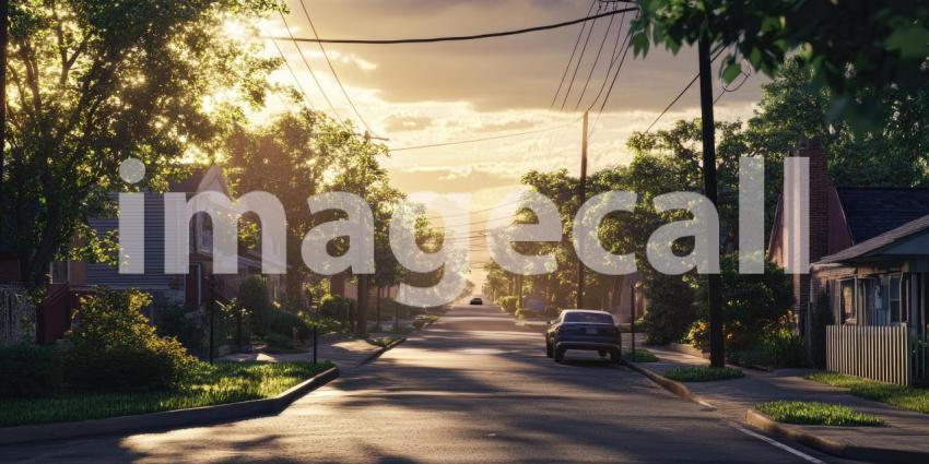 A quiet suburban street bathed in the warm glow of a setting sun, with houses lining the road and a sense of peaceful tranquility.