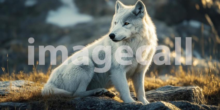 A majestic Arctic wolf, its pristine white fur blending with the snowy landscape, stands vigilant, a symbol of wilderness and power