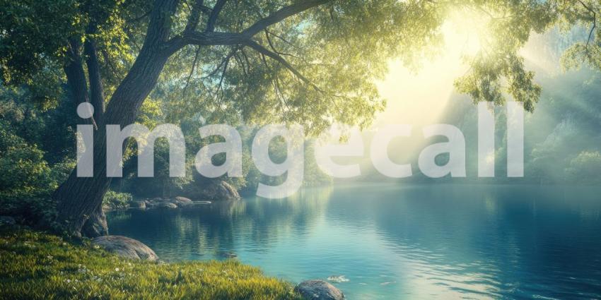 Golden rays of sunlight filter through the trees and illuminate a tranquil pond, where fallen leaves gently drift on the water's surface