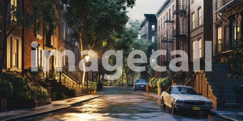 A quiet suburban street bathed in the warm glow of a setting sun, with houses lining the road and a sense of peaceful tranquility.