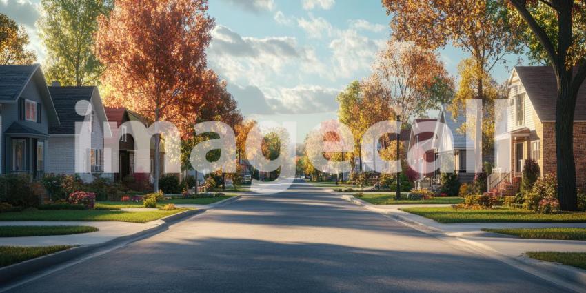 A quiet suburban street bathed in the warm glow of a setting sun, with houses lining the road and a sense of peaceful tranquility.