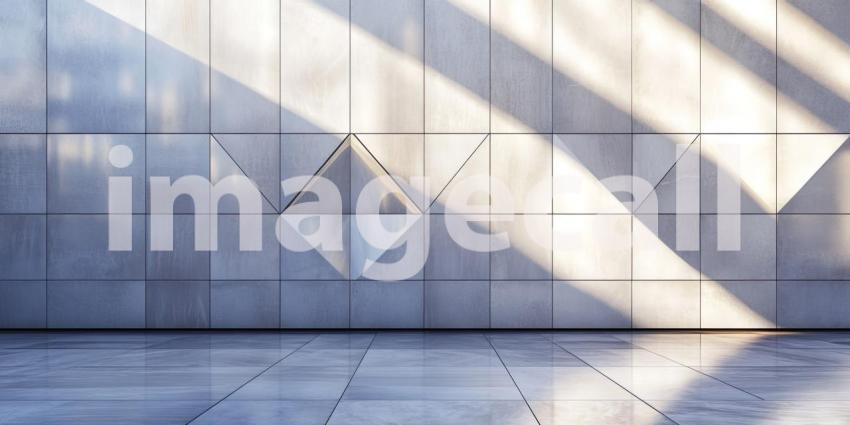 Concrete Geometry: A minimalist space defined by a wall of interlocking triangular panels, casting intriguing shadows and creating a sense of depth
