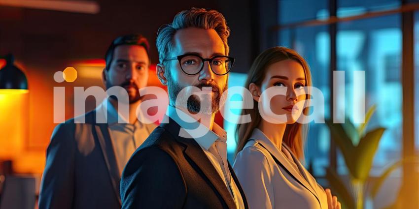 Three Individuals in Professional Attire Standing in a Modern Office Environment with Warm Lighting and Large Windows