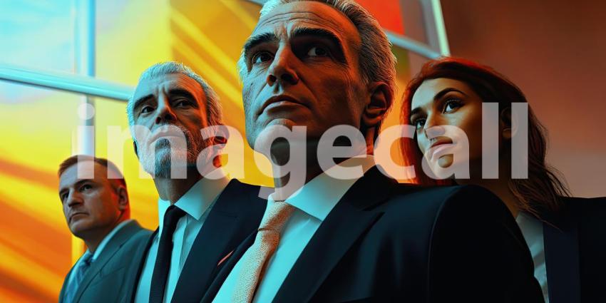 Three Individuals in Professional Attire Standing in a Modern Office Environment with Warm Lighting and Large Windows