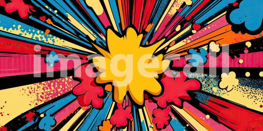 Dynamic Impact: A vibrant explosion of color and motion, reminiscent of a comic book's dramatic action scene, bursts across the page.