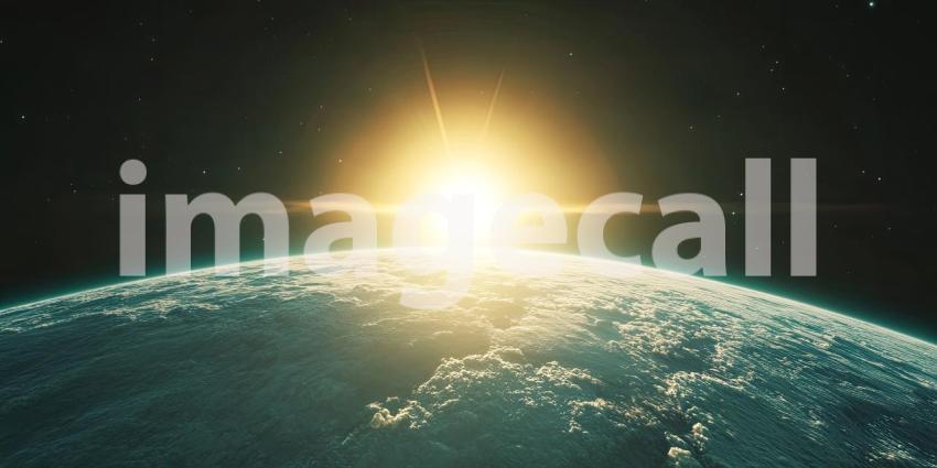 Sunrise from Space: A breathtaking view of Earth from orbit, as the sun rises over the horizon, casting its golden rays across the clouds and continents