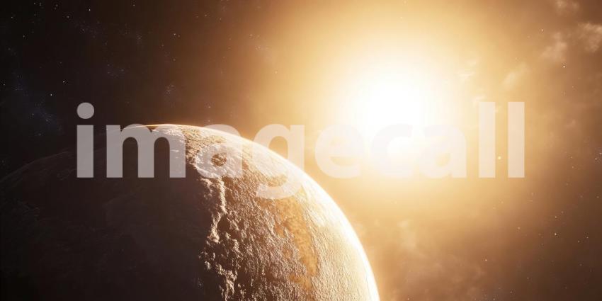 Sunrise from Space: A breathtaking view of Earth from orbit, as the sun rises over the horizon, casting its golden rays across the clouds and continents