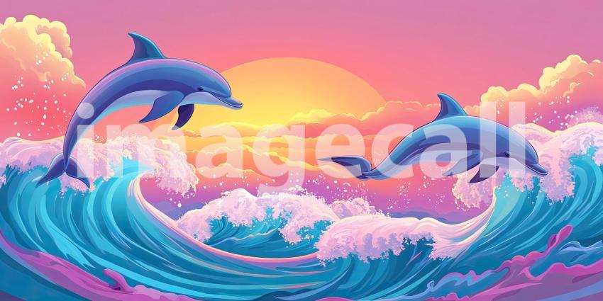 Dolphins at Dusk: Two graceful dolphins leap through the waves, silhouetted against a fiery sunset, a moment of pure freedom and joy