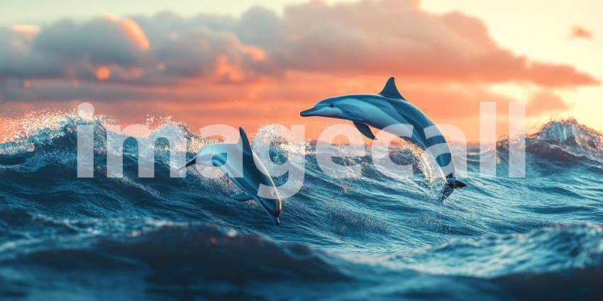 Dolphins at Dusk: Two graceful dolphins leap through the waves, silhouetted against a fiery sunset, a moment of pure freedom and joy