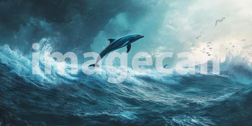 Dolphins at Dusk: Two graceful dolphins leap through the waves, silhouetted against a fiery sunset, a moment of pure freedom and joy