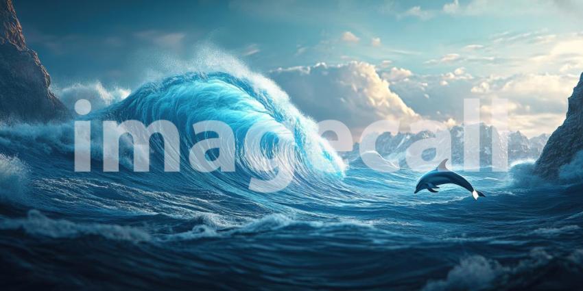 Dolphins at Dusk: Two graceful dolphins leap through the waves, silhouetted against a fiery sunset, a moment of pure freedom and joy