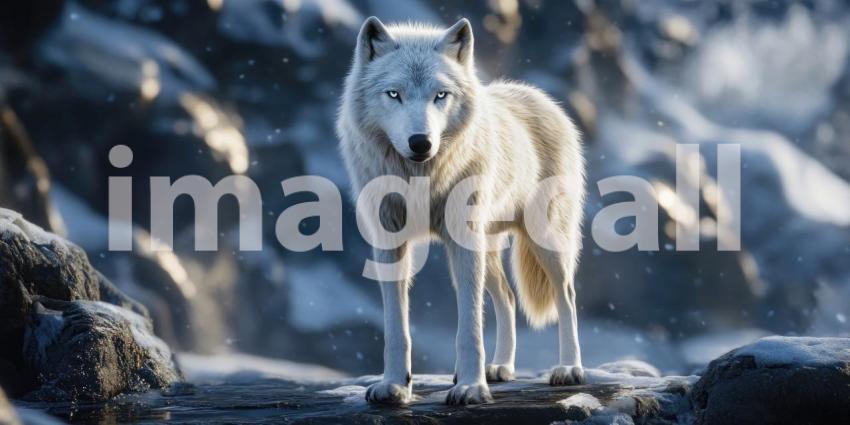 A majestic Arctic wolf, its pristine white fur blending with the snowy landscape, stands vigilant, a symbol of wilderness and power