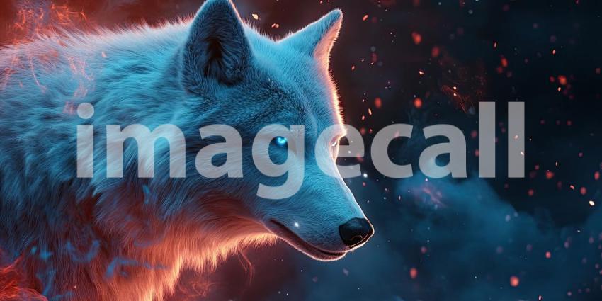 A majestic Arctic wolf, its pristine white fur blending with the snowy landscape, stands vigilant, a symbol of wilderness and power