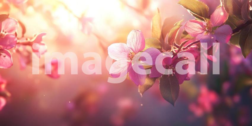 Awakening of Spring: Delicate pink blossoms unfurl on a branch, bathed in the warm glow of the rising sun, ushering in the season of renewal