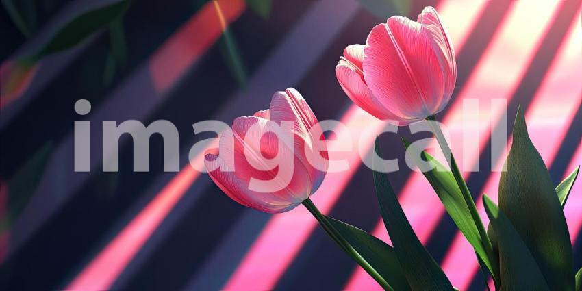 Radiant Blooms: A pair of delicate pink tulips bask in the warm glow of sunlight, their petals illuminated with a vibrant radiance