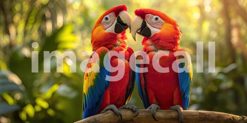 A Colorful Duo: Two vibrant blue and gold macaws perch side-by-side, their plumage a dazzling spectacle against the lush green backdrop