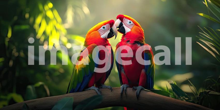 A Colorful Duo: Two vibrant blue and gold macaws perch side-by-side, their plumage a dazzling spectacle against the lush green backdrop