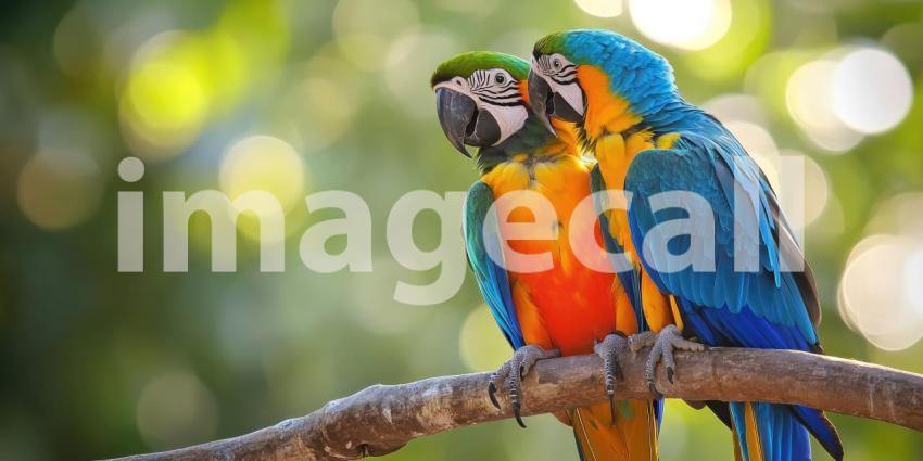 A Colorful Duo: Two vibrant blue and gold macaws perch side-by-side, their plumage a dazzling spectacle against the lush green backdrop