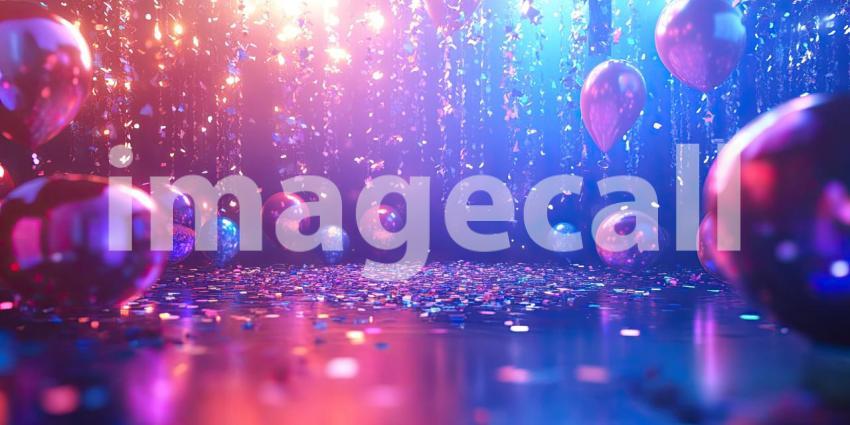A Night of Revelry: Colorful balloons dance under a shower of confetti, illuminating a festive scene with vibrant hues and a celebratory spirit