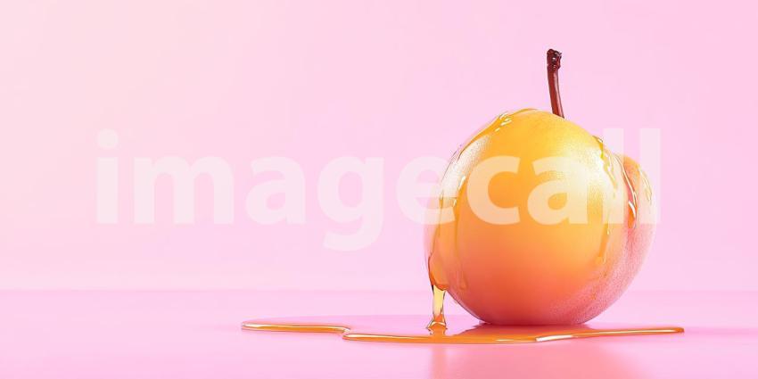 Juicy Drips: A plump apricot, glistening with moisture, drips a tantalizing stream of juice onto a vibrant pink surface