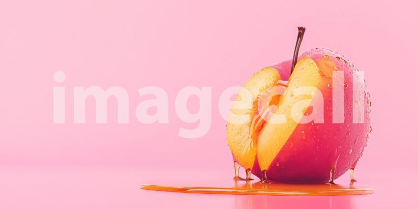Juicy Drips: A plump apricot, glistening with moisture, drips a tantalizing stream of juice onto a vibrant pink surface