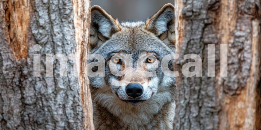 Eyes in the Dark: A lone wolf peers through a weathered wooden door, its piercing gaze and intense stare promising a story of wildness and intrigue