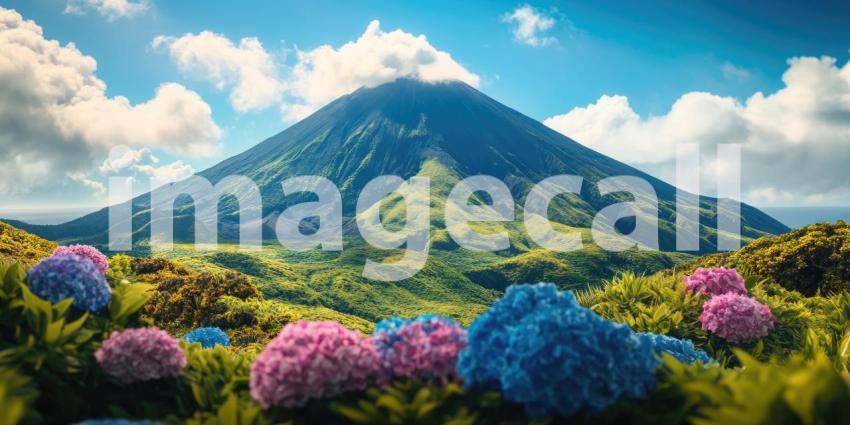 A majestic volcanic peak rises dramatically from the ocean, shrouded in clouds against a vibrant blue sky