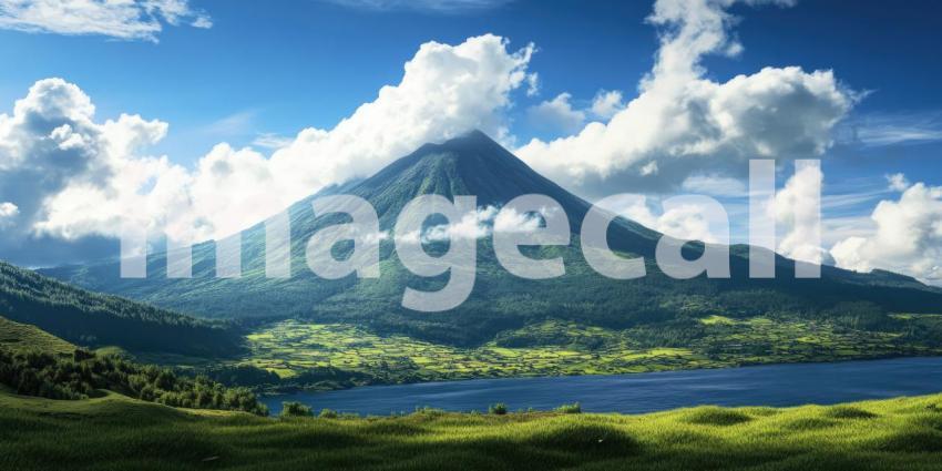 A majestic volcanic peak rises dramatically from the ocean, shrouded in clouds against a vibrant blue sky