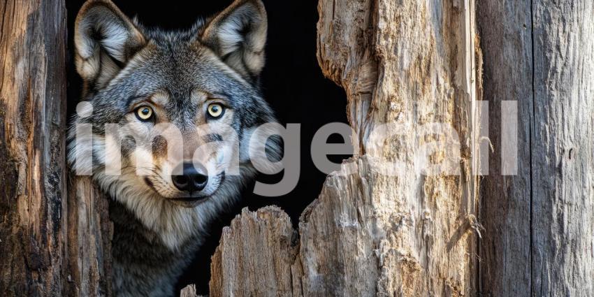 Eyes in the Dark: A lone wolf peers through a weathered wooden door, its piercing gaze and intense stare promising a story of wildness and intrigue