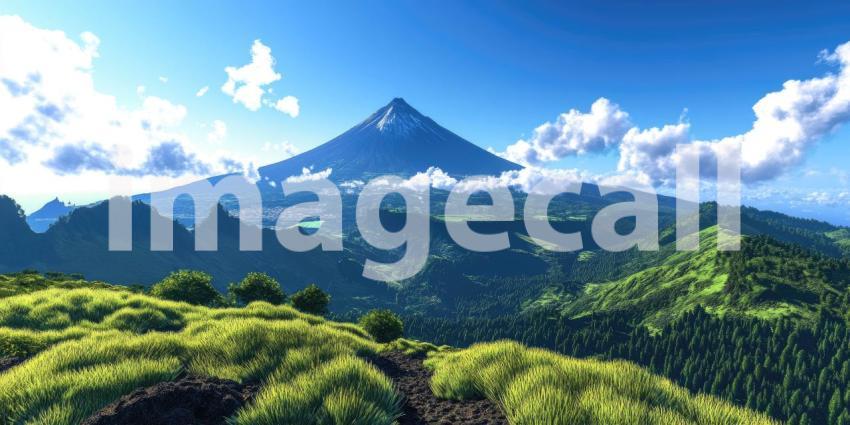 A majestic volcanic peak rises dramatically from the ocean, shrouded in clouds against a vibrant blue sky