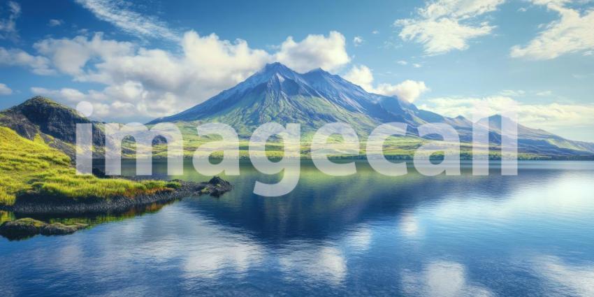 A majestic volcanic peak rises dramatically from the ocean, shrouded in clouds against a vibrant blue sky