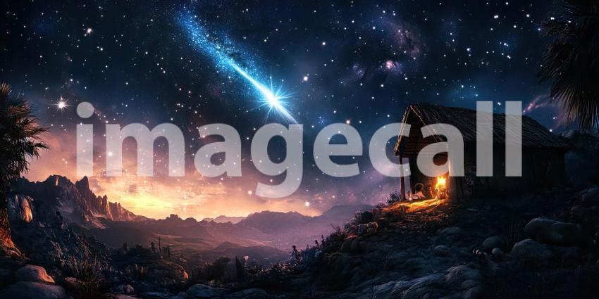 Nighttime Scene with a Bright Comet Illuminating the Starry Sky over a Historical Gathering of Robed Figures and Animals, with a Fire-Lit Cave in a Rugged Mountainous Landscape