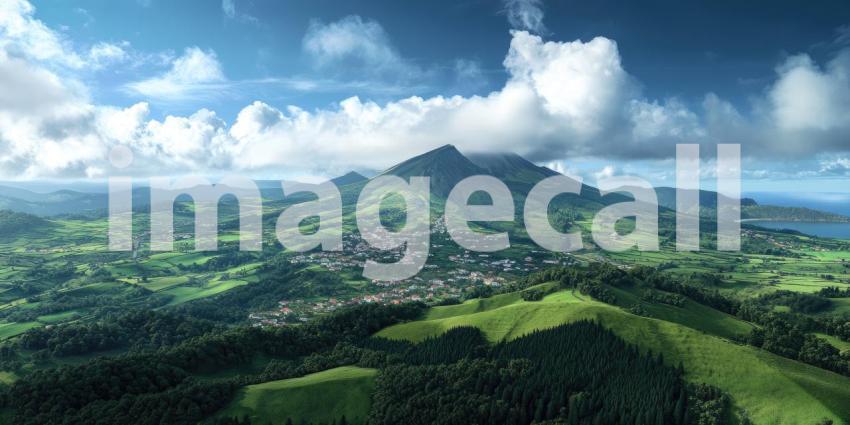 A majestic volcanic peak rises dramatically from the ocean, shrouded in clouds against a vibrant blue sky