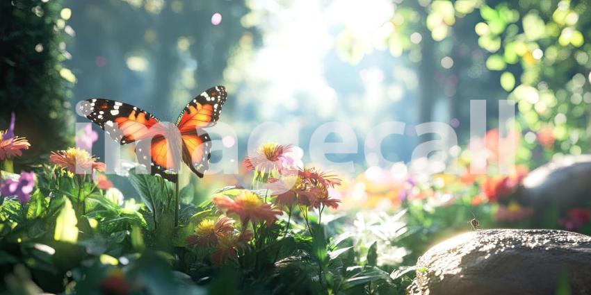 A vibrant swallowtail butterfly with intricate patterns rests on a delicate white flower, its wings spread wide in the warm sunlight
