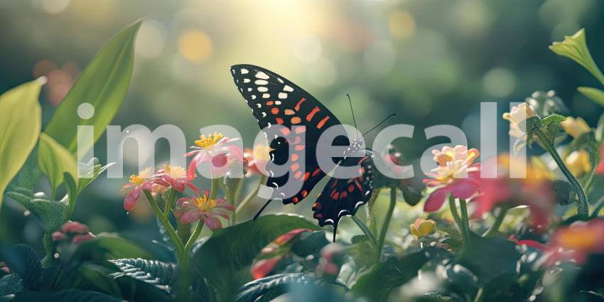 A vibrant swallowtail butterfly with intricate patterns rests on a delicate white flower, its wings spread wide in the warm sunlight