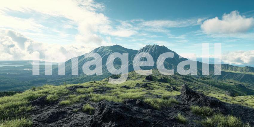 A majestic volcanic peak rises dramatically from the ocean, shrouded in clouds against a vibrant blue sky