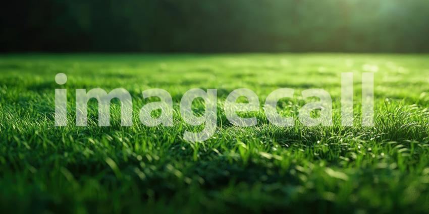 A close-up view of a freshly cut soccer field, with the white lines marking the pitch and a vibrant blue stadium in the background