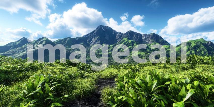 A majestic volcanic peak rises dramatically from the ocean, shrouded in clouds against a vibrant blue sky