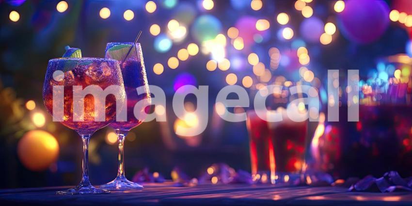 Festive Fizz: Sparkling cocktails gleam under a canopy of colorful lights, promising a night of celebration and good cheer