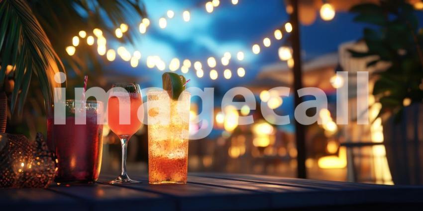 Festive Fizz: Sparkling cocktails gleam under a canopy of colorful lights, promising a night of celebration and good cheer