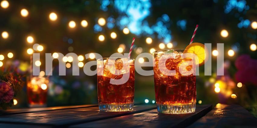 Festive Fizz: Sparkling cocktails gleam under a canopy of colorful lights, promising a night of celebration and good cheer